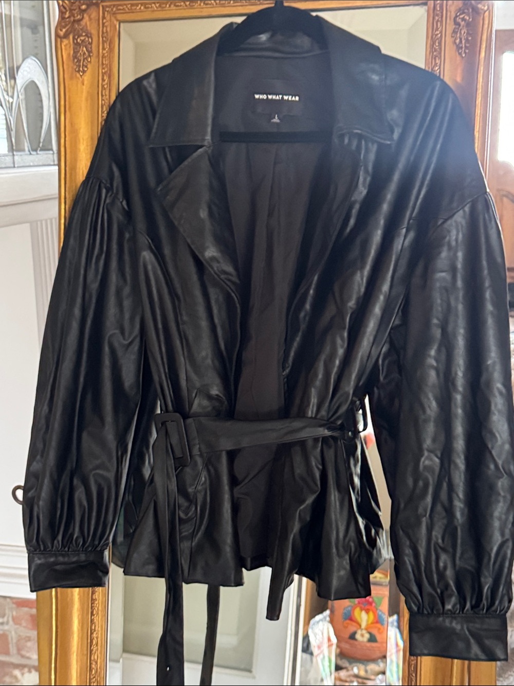 Who What Wear Black Faux-Leather Belted Jacket with Gathered Sleeves - Picture 3 of 3